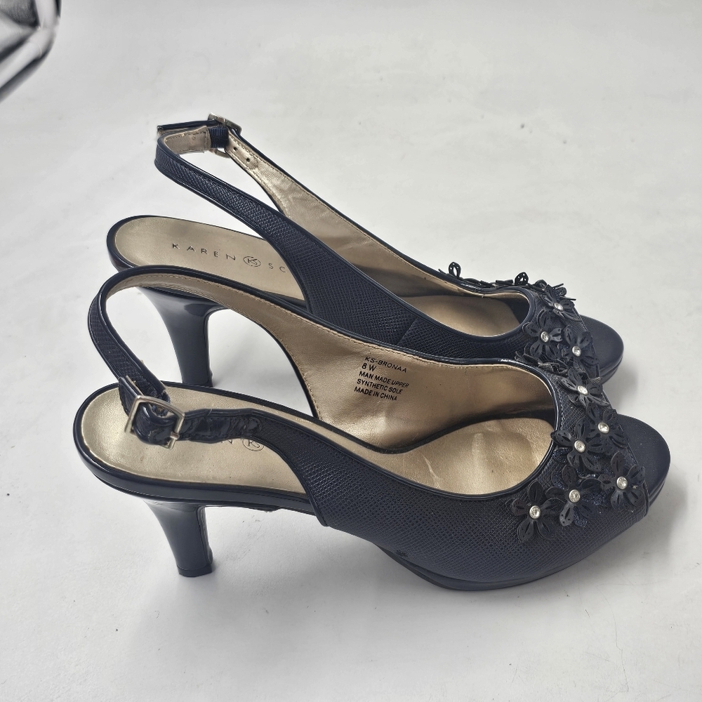 Karen Scott Bronaa Navy Peep Toe Slingback Pumps 8W Wide Floral Heels Dress Chic - Picture 9 of 10